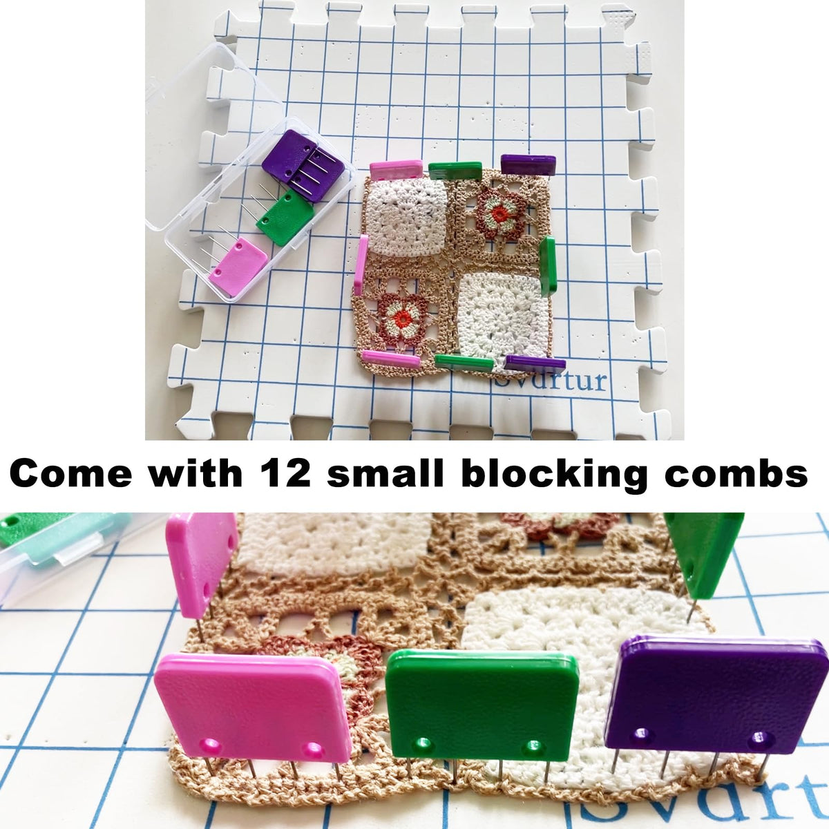 Svartur Interlocking Blocking Mat for Knitting and Crochet Projects, 9 Pack Knitting Blocking Mats with Blocking Comb Pins, T-pins, Crochet Blocking Board, Knitting Mat with Grid Line, Storage Bag