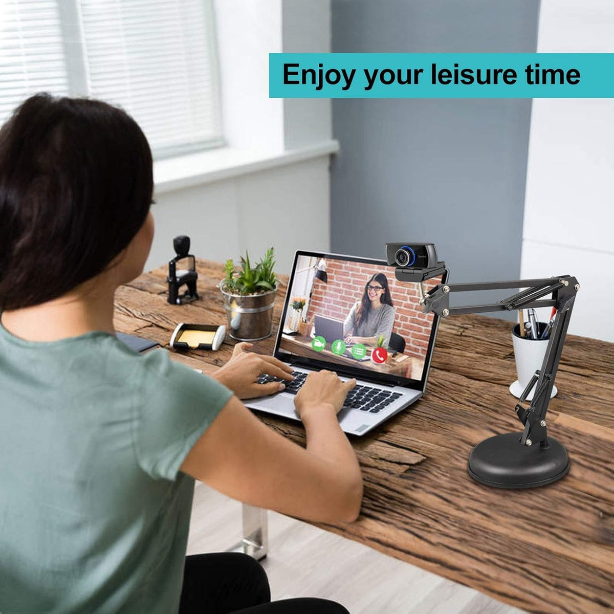 Spedal 1/4" MF920Pro, Desktop Webcam Stand with Weighted Round Base, Adjustable Scissor Arm Camera Mount with Phone