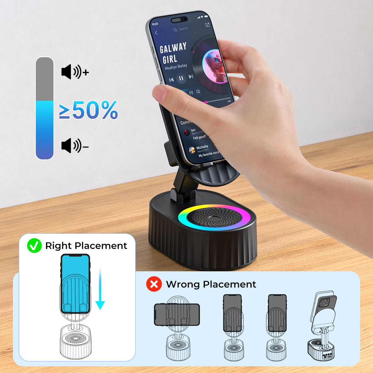 AKLLCCR Wireless Induction Audio Bluetooth Speaker 5in1 Phone Holder Emergency Rechargeable (3000mAh) with Colorful Ambient Light 300° Foldable for Tablet iPhone Android, Gifts for Men Women (Black)