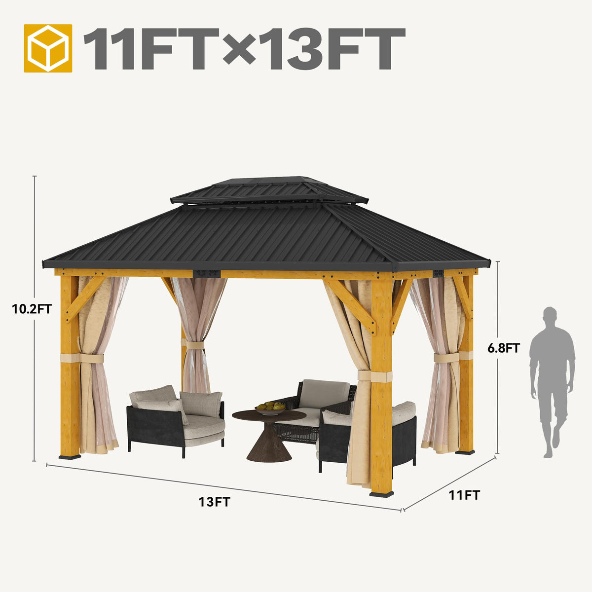 DWVO 11X13FT Gazebo Wood Outdoor Wooden Frame Double Roof Hardtop Galvanized Steel Top Canopy w/Curtain and Netting, Patio Heavy Duty for Deck, Backyard, Beige Yellow