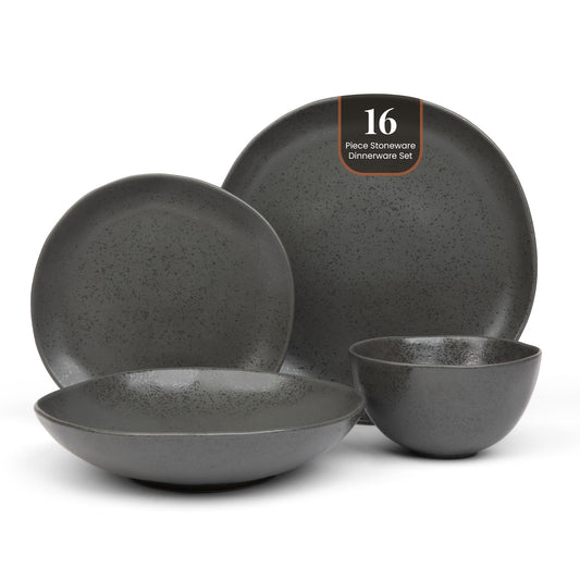 Trasa Home by Larder & Vine, Eco-Friendly High Fired Artisan Stoneware, Organic & Modern Dinnerware, 16 piece set, 4 place settings (Charcoal)