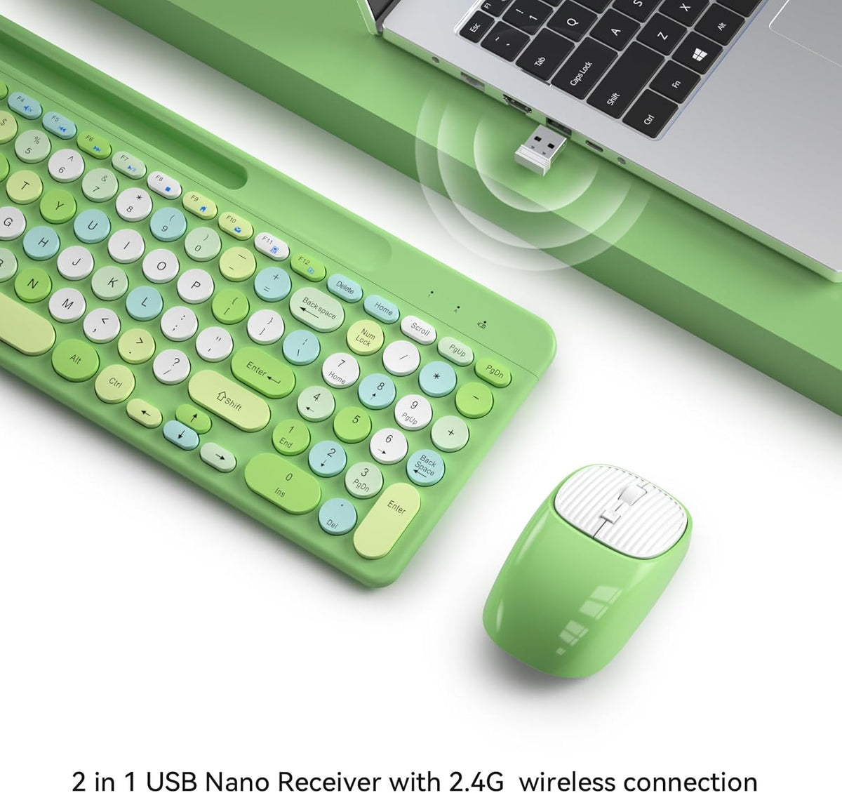 XISOGUU 2.4GHz Retro Wireless Keyboard and Mouse Combo, Full-Size USB Keyboard with Round Keycaps, Wireless