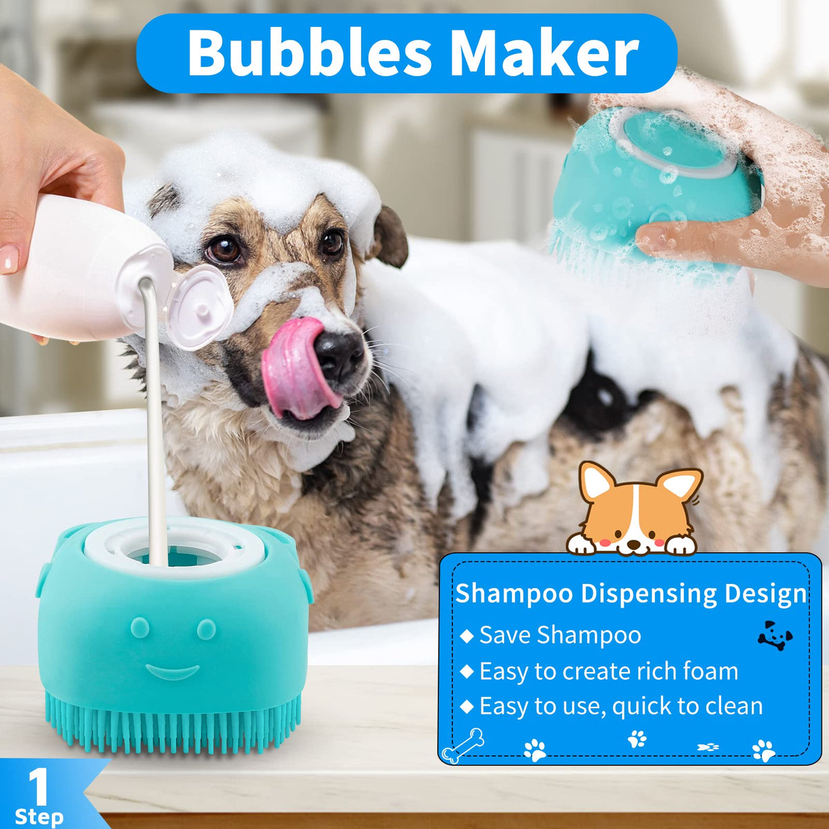 Comotech 6PCS Dog Bath Brush & Dog Toothbrush | Adjustable Handle Shampoo Brush & Scrubber for Short & Long Haired Dogs & Cats | Effectively Solve Odor & Stain Removal Problems (Blue Blue Blue.)