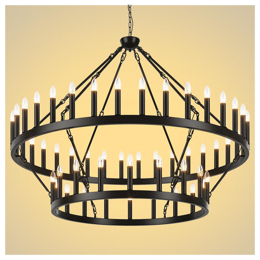 Yikrfiae 2 Tier Black Large Wagon Wheel Chandelier, 54-Lights 60 Inch Farmhouse Pendant Light Fixture, Round Rustic Hanging Lighting for Dining Room Kitchen Island Foyer Entryway