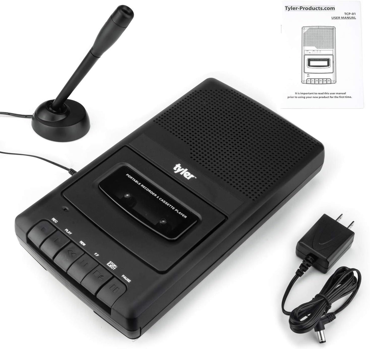 Tyler TCP-01 Cassette 120V Portable Player and Recorder - Retro Shoebox Style Music Device with Stand-Alone Microphone