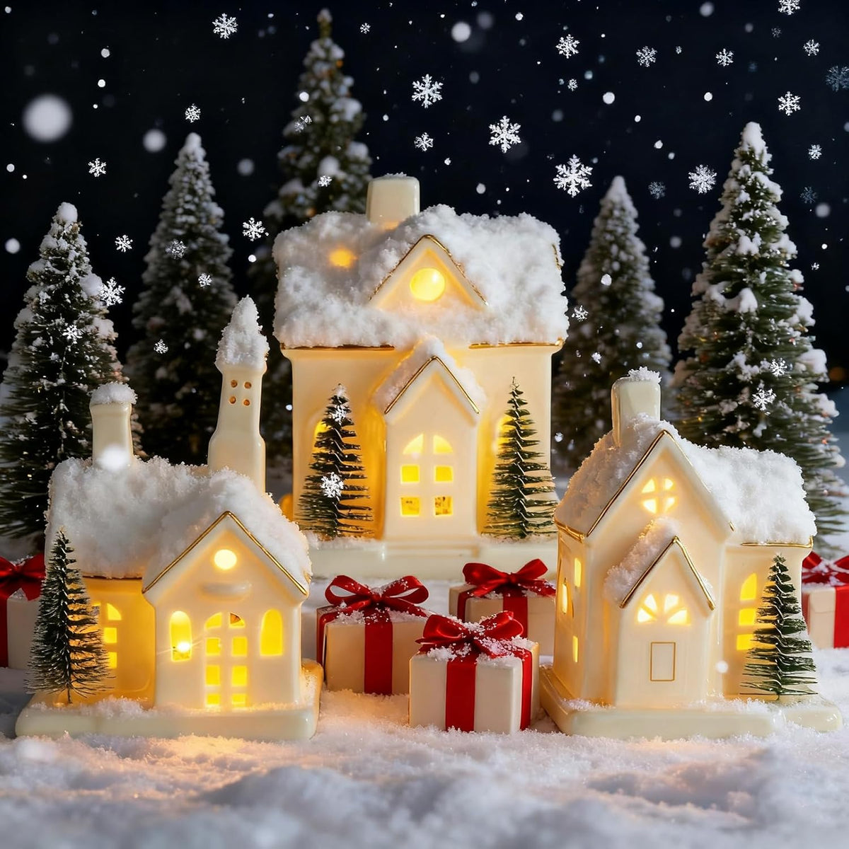 Skiennix White Ceramic Christmas Village Houses Set - 3 Light-Up Figurines with 4 Trees for Holiday Decor