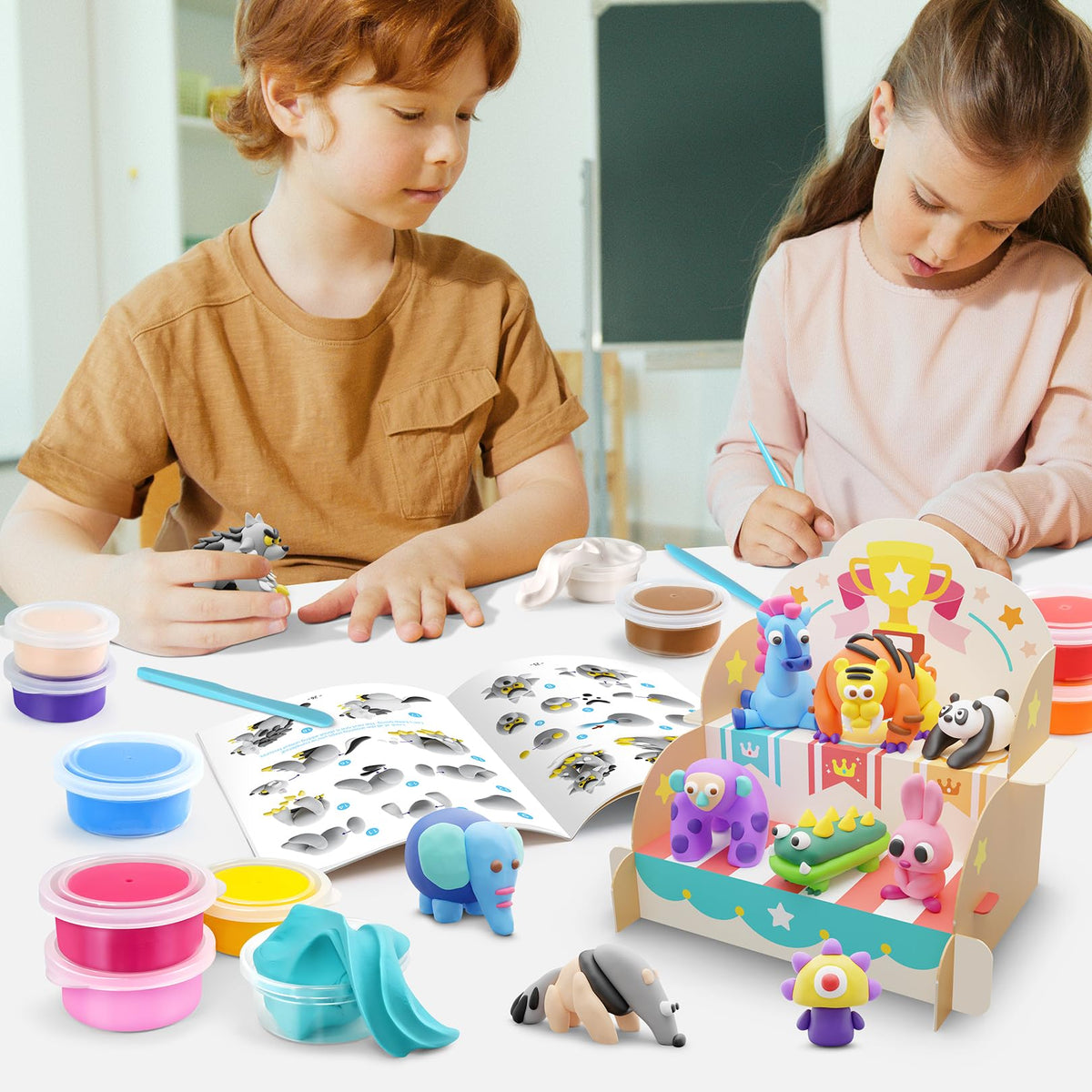Drama Planet Air Dry Clay Kit for Kids - Comes with Instructional Guide Featuring 4 Scenes & 26 Projects Tutorials, 18 Cans of Modeling Clay, Includes Display Stand, Gift for Girls and Boys