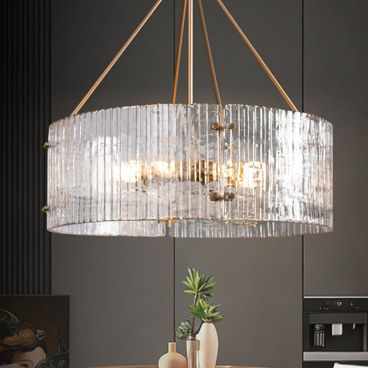 Obihivlo Gold Patterned Glass Chandeliers for Dining Room, D23'' Modern Drum Crystal Chandelier, 6-Light Farmhouse Pendant Hanging Ceiling Fixture for Kitchen Island Living Room Foyer Bedroom (E26)