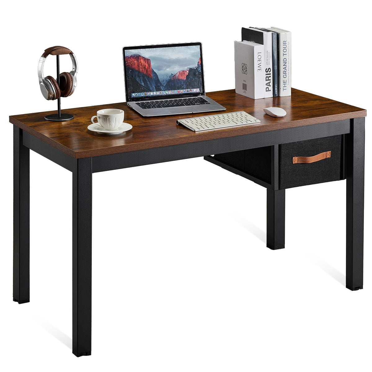 Ingdgnoso Computer Desk with Drawer, 47 Inch Home Office Work Desks, Modern Writing Study PC Desk Gaming Table for Small Place Bedroom, Thickened Tabletop and Stable Metal Frame Leg（Rustic Brown）