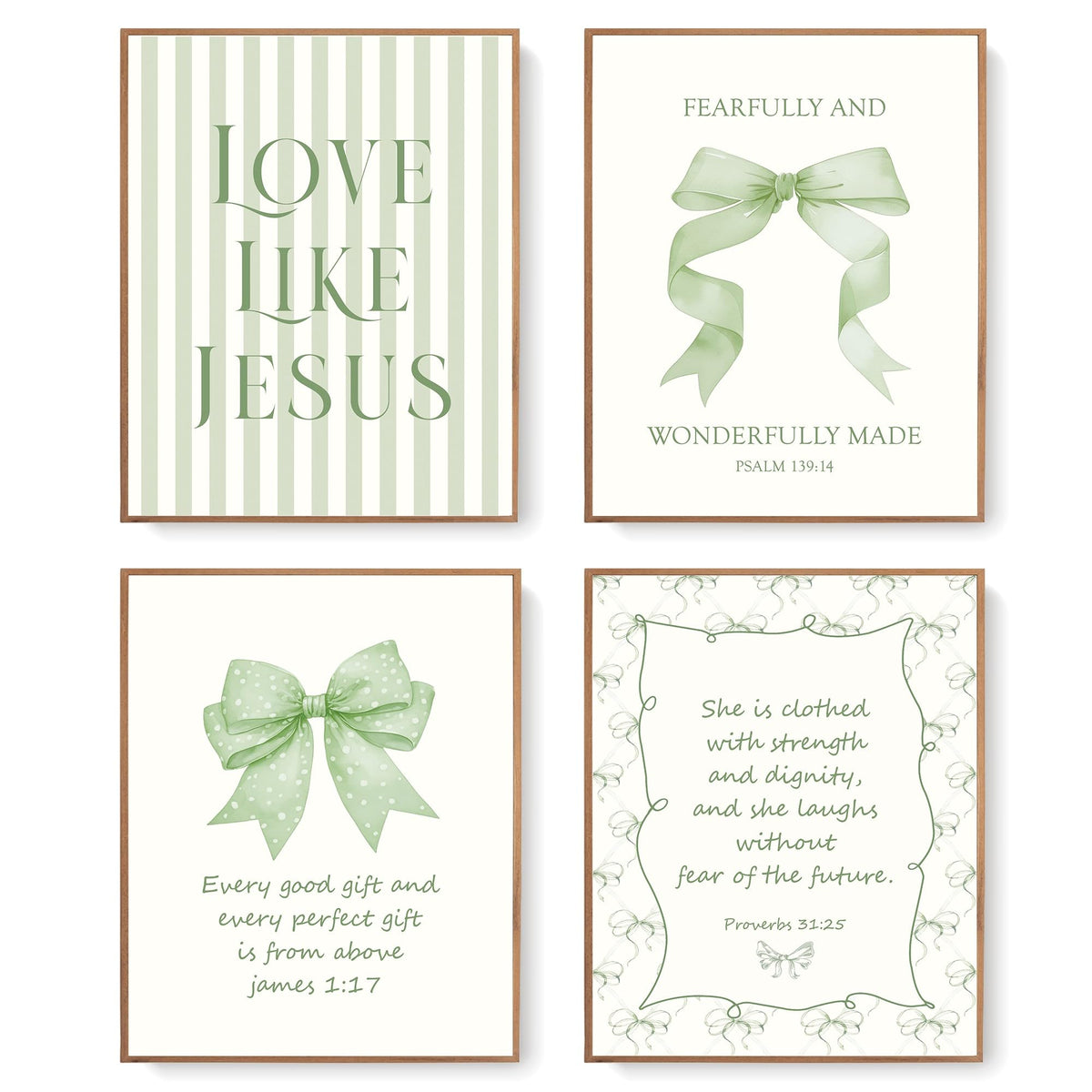 LARTSFRO Coquette Sage Green Bow Jesus Wall Art Decor Posters, Green Bow Christian Room Bedroom Bathroom Wall Art Decor Aesthetic for Teen Girls Gifts, Inspirational Bible Verses Bow Wall Decor, 8x10 Inch Set of 4 Bow Pictures(UNFRAMED)