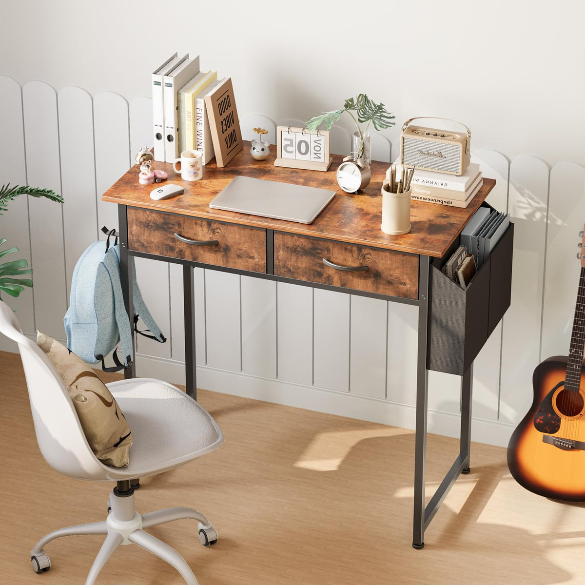 DUMOS 32" Home Office Computer Desk with Drawers, Small Gaming Writing Study Table with Storage Side Bag, Headphone Hook and Adjustable Feet for Bedroom Rustic Brown