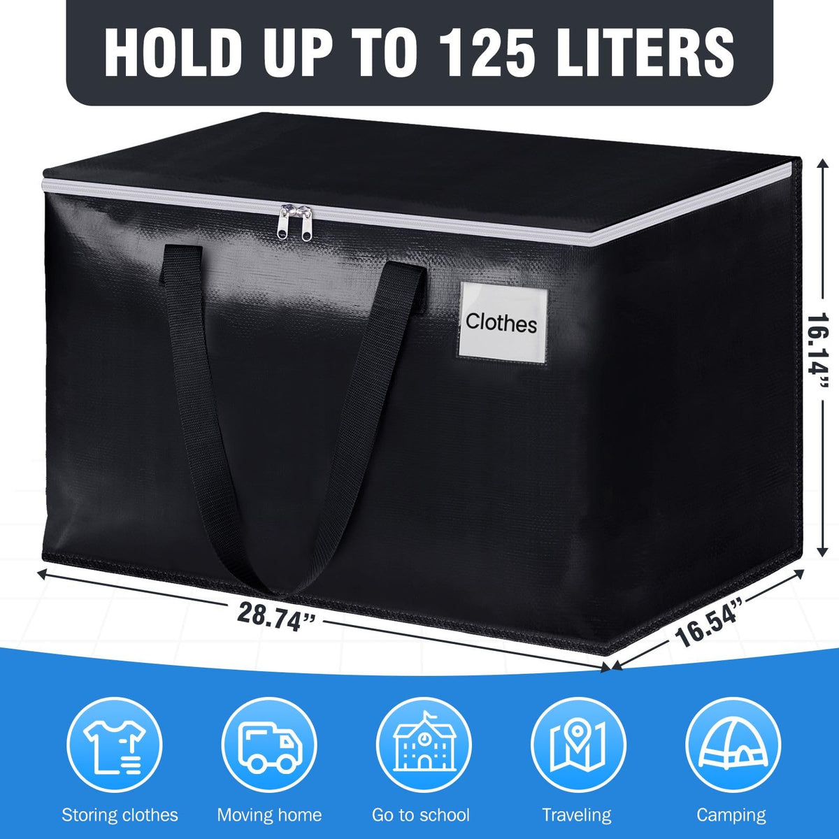 BlissTotes Moving Bags, Heavy Duty Moving Boxes with Zippers Top and Sturdy Handles, Storage Bags for Space Saving and Packing, Collapsible Moving Supplies, Storage Totes (125L, 10-Pack, Black)