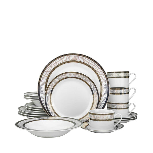 Euro Porcelain 57-pc Banquet Dinnerware Set, Luxury Tableware Dining Service for 8 (Greek Key Dark)