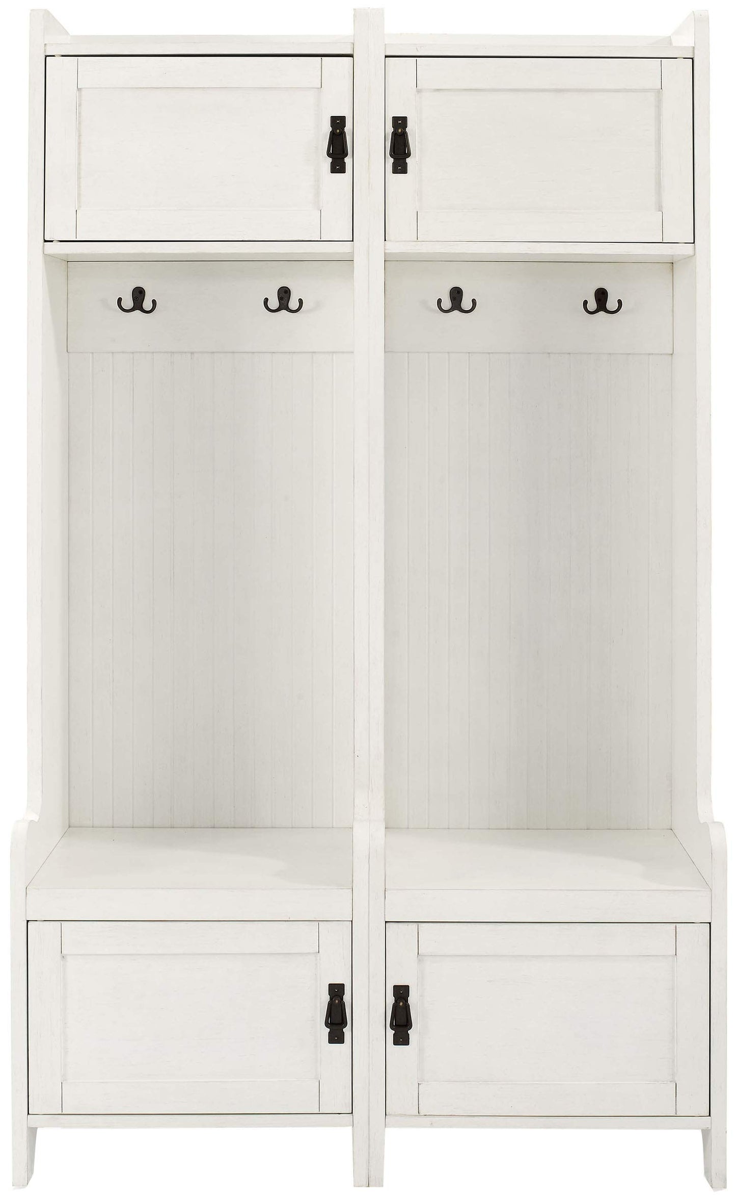 Crosley Furniture Fremont 2-Piece Hall Tree Entryway Set with Storage Cabinets and Coat Rack Hooks, Distressed White