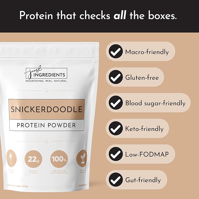 Just Ingredients Protein Powder | Snickerdoodle Protein Powder Made With 100% Grass Fed, Non Denatured Whey | Four Different Protein Sources | Organic Whole Food Ingredients | 15 Serving | 22g protein