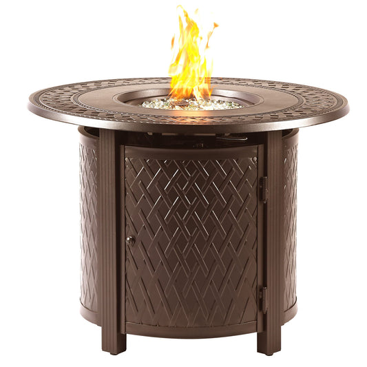 Oakland Living Round 34 in. x 34 in. Aluminum Propane Fire Pit Table with Glass Beads, Two Covers, Lid, 37,000 BTUs in Brown Finish