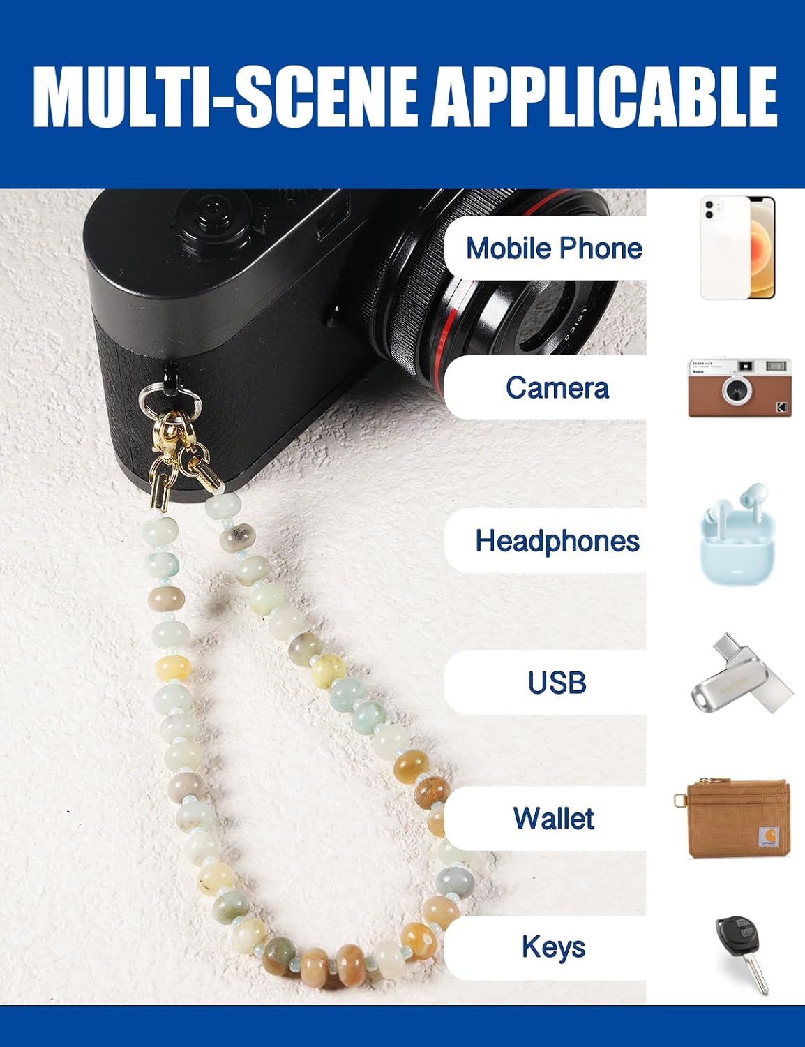 CH.yishi Handmade Natural Gemstone Beaded Charm Cell Phone Camera Lanyard, Wrist Strap, Phone Chain String, Keychain