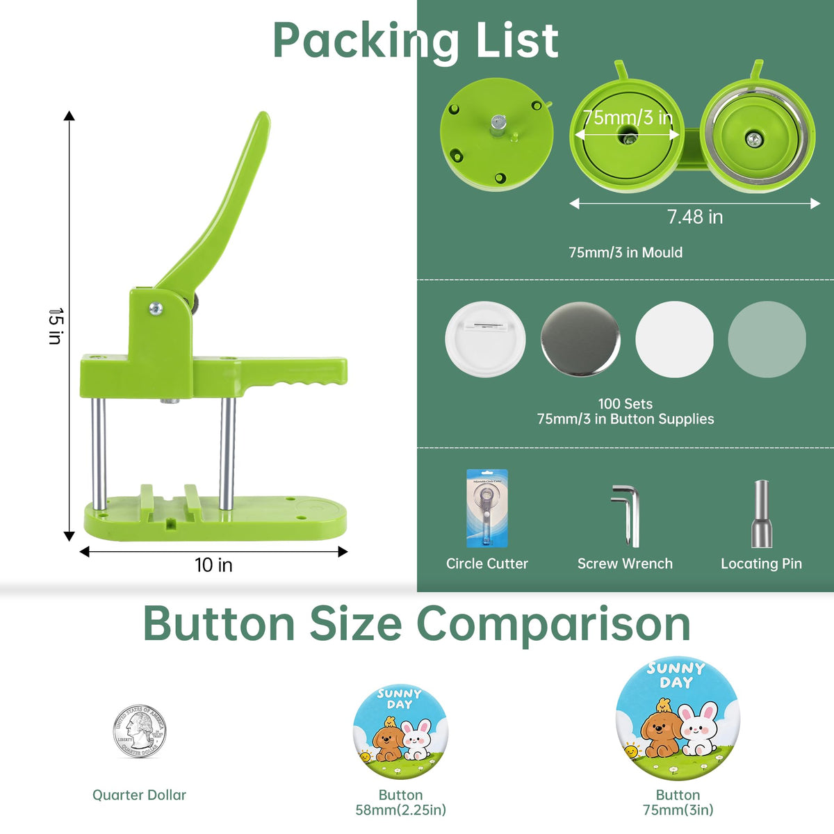 Happizza Button Maker Machine, 75mm(3 inch) DIY Pin Button Maker Press Machine Kit, Badge Button Press Machine Pin Maker Machine with Free 100pcs Button Parts&Pictures&Circle Cutter