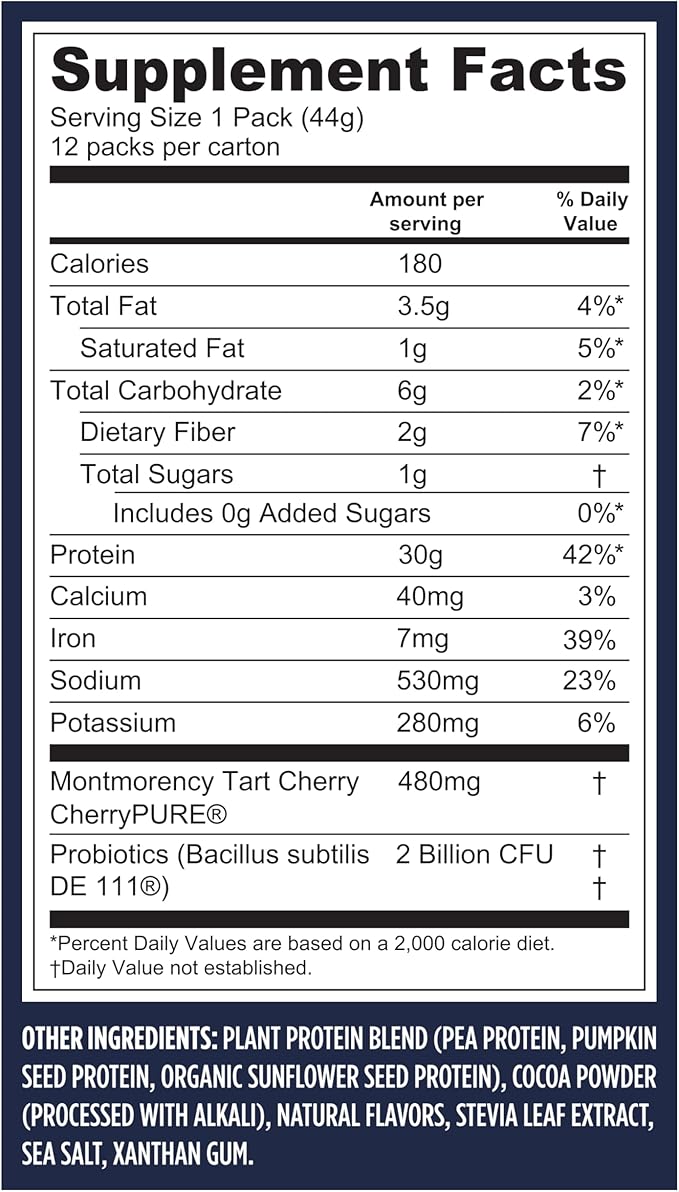 Vega Protein + Recovery - 30g Plant-Based Protein per Serving, Chocolate, 12 x 1.6oz Sachets, 5g BCAAs, Probiotics, NSF Certified, For Shakes & Smoothies, (Packaging May Vary)