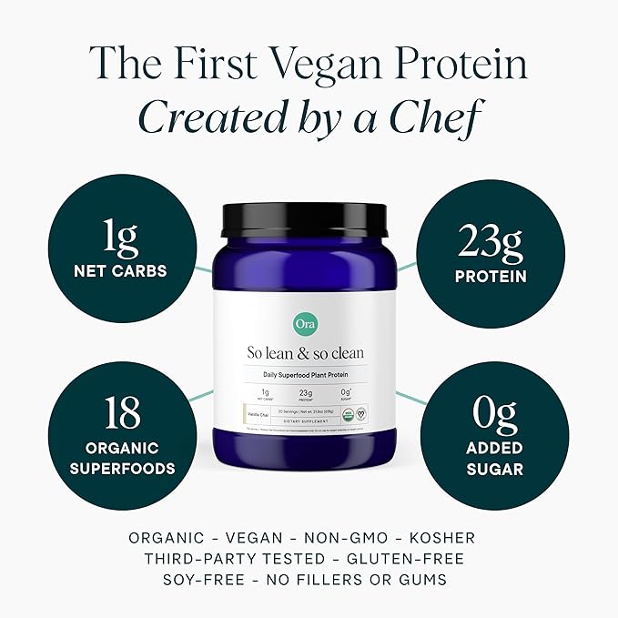 Ora Organic Vegan Protein Powder - 23g Plant-Based Protein Powder for Women and Men | Clean Protein Source, Keto Friendly, Gluten Free, Paleo, Dairy-Free, Soy-Free - Vanilla Chai - 20 Servings
