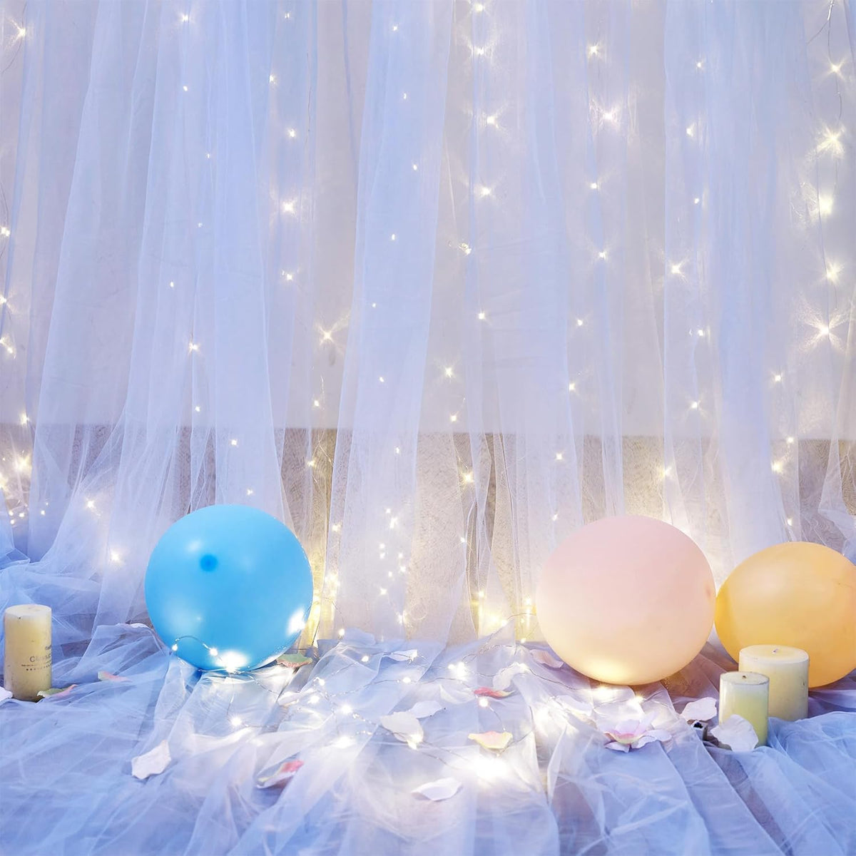 Suppromo 2 510ft Baby Blue Backdrop Curtains with Lights String for Baby Shower Parties Panels Sheer Tulle Backdrop