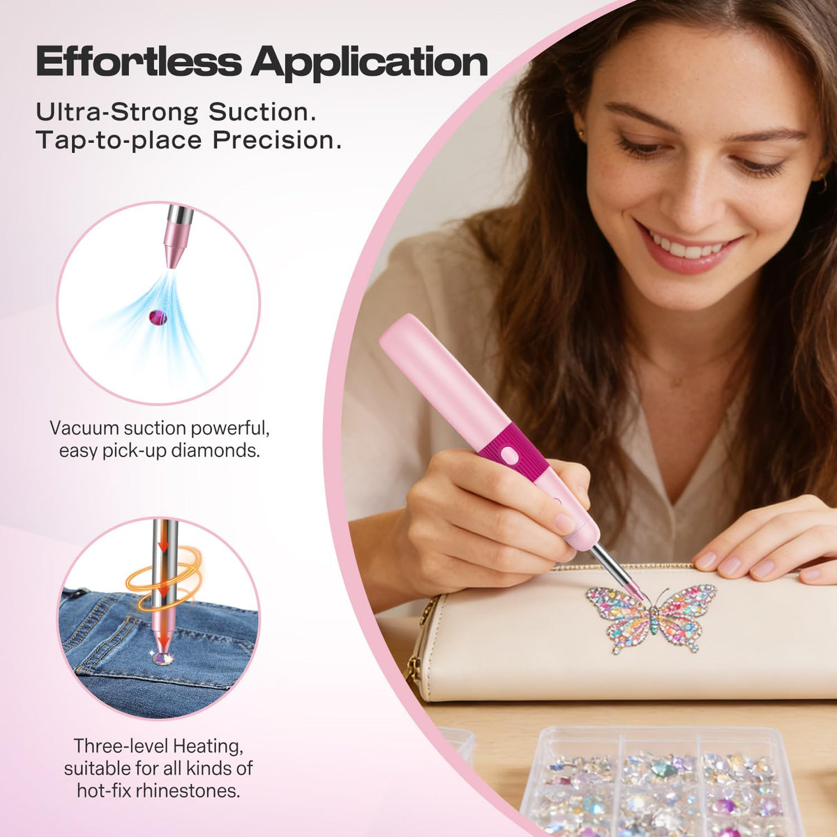 DIY Hotfix Applicator, 5 in 1 Hot Fixed Wand Bedazzler Kit, Rhinestones Setter Wand Tool with 5 Different Tip Sizes, DIY Bedazzler Kit with Rhinestones with Support Stand (Pink)