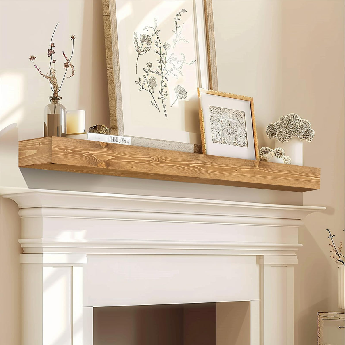 YLYHSST Fireplace Mantel Handmade, 3'' Thick Wall Decor Long Floating Shelf, 48inch Rustic Wood Shelf with Invisible Brackets, Wood Color