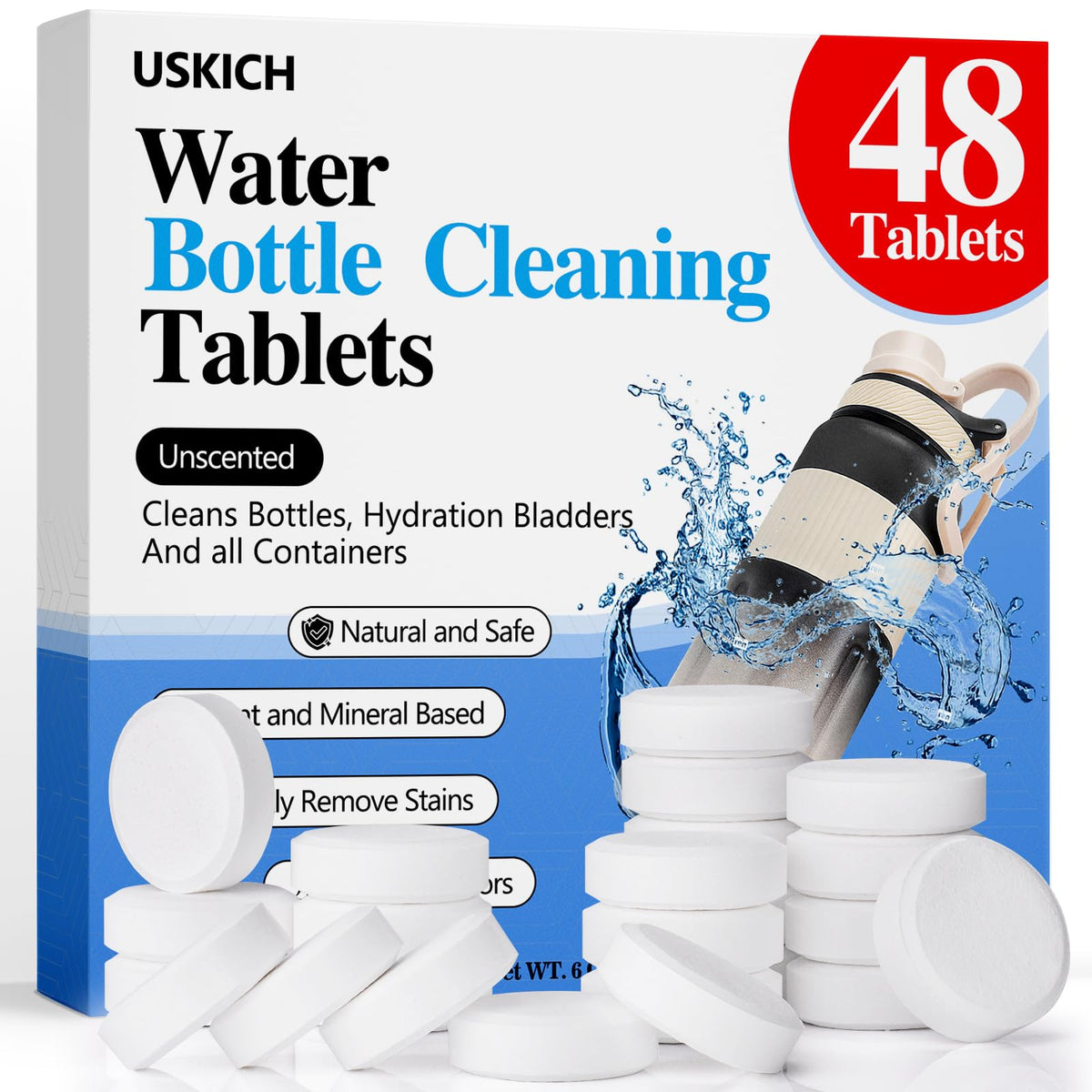 USKICH 48 Pack Water Bottle Cleaning Tablets,Water Bottle Cleaner Great for Stainless Steel, Thermos, Tumbler, Insulated and Reusable Water Bottles,Removes Stubborn Stains and Odors