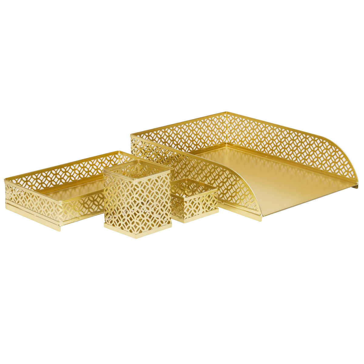 Mind Reader Gold Desk Organizer Set, Includes Pen Cup, Catchall Tray, File Box & Paper Tray, 4-Piece Metal Desktop Accessory Kit