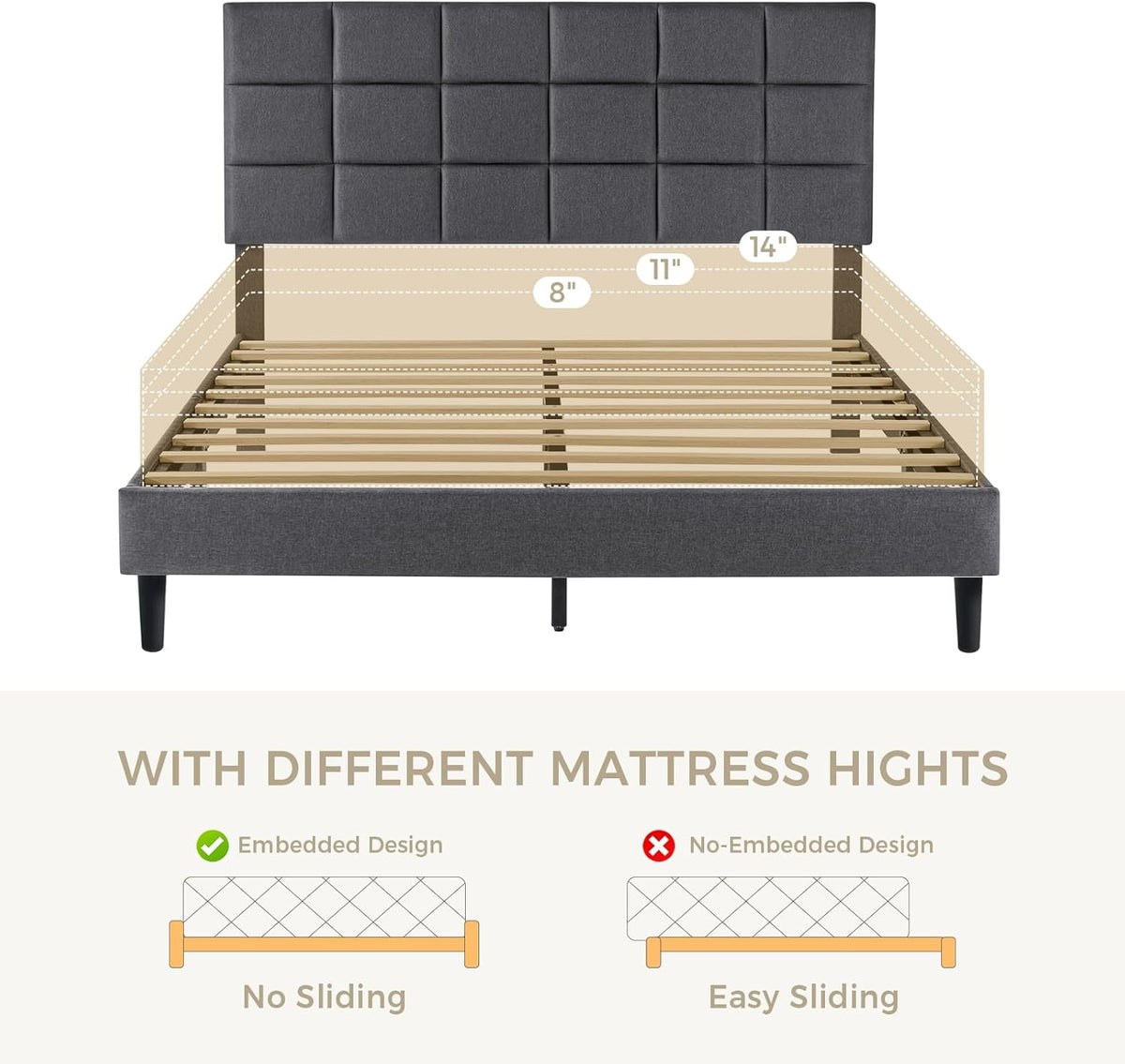 Susalt Full Size Platform Bed Frame - Upholstered Headboard, Linen Fabric, No Box Spring Needed, 800LBS Capacity, Grey