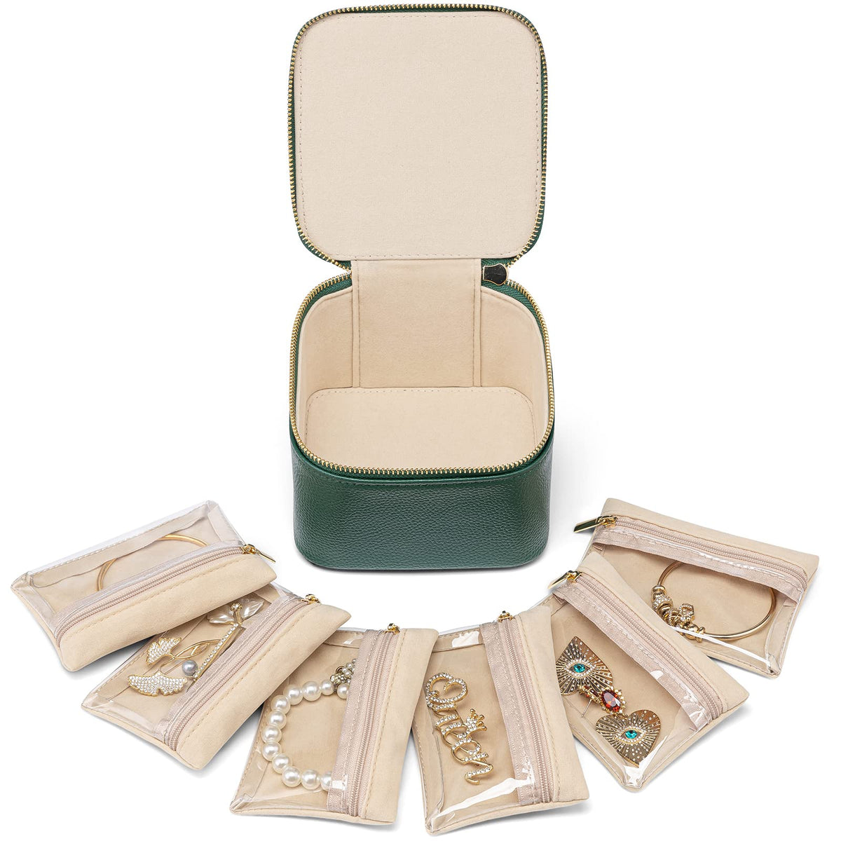 VLANDO Gifts for Teachers,Travel Jewelry Box with 6 Velvet Jewelry Zipper Pockets Jewelry Case Premium Petal Hardware Travel Jewelry Organizer Graduation Gifts (Green)