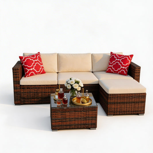 GarveeTech 5 Pieces Patio Furniture Set, All Weather Wicker Rattan Sectional Sofa, Outdoor Patio Furniture Set with Washable Cushions for Garden, Backyard, Porch, Poolside (Brown&Beige) ﻿