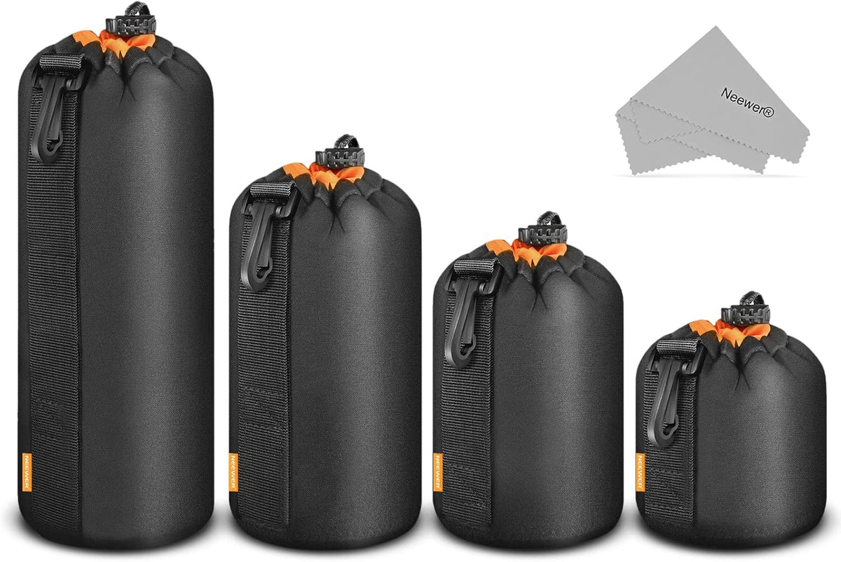 (4 Packs, 4 NEEWER Camera Lens Pouch Sizes) Thick Protective Bag with Drawstring Design, Orange Interior, Soft Plush