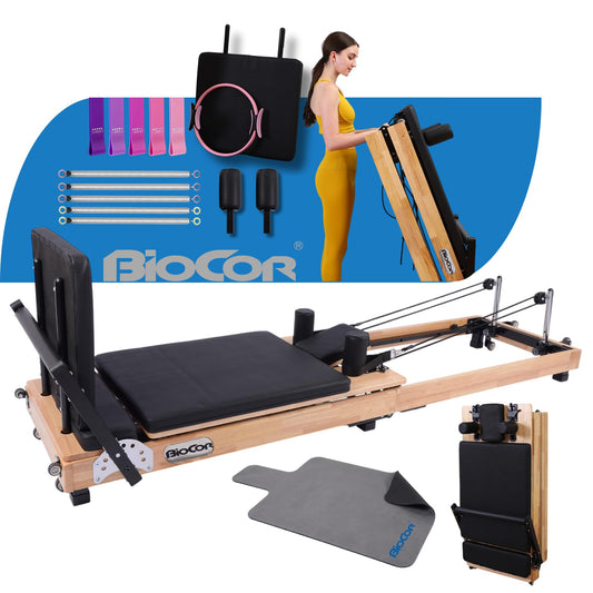 BIOCOR MAX4.0 Pilates Reformer, Wood Pilates Machine with Pilates Ring, Yoga Bands & Jumpboard, High-Resistance Springs, Foldable Pilates Equipment for Home Workouts up to 800 lbs Weight Capacity