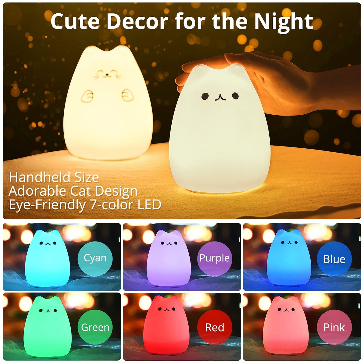 GoLine Cat Lamp, Cute Kitty Night Light, Gifts for Women Teen Girls Baby, Night Lights for Kids Bedroom, Cute Christmas Kitty Silicone Nightlights for Children Toddler.
