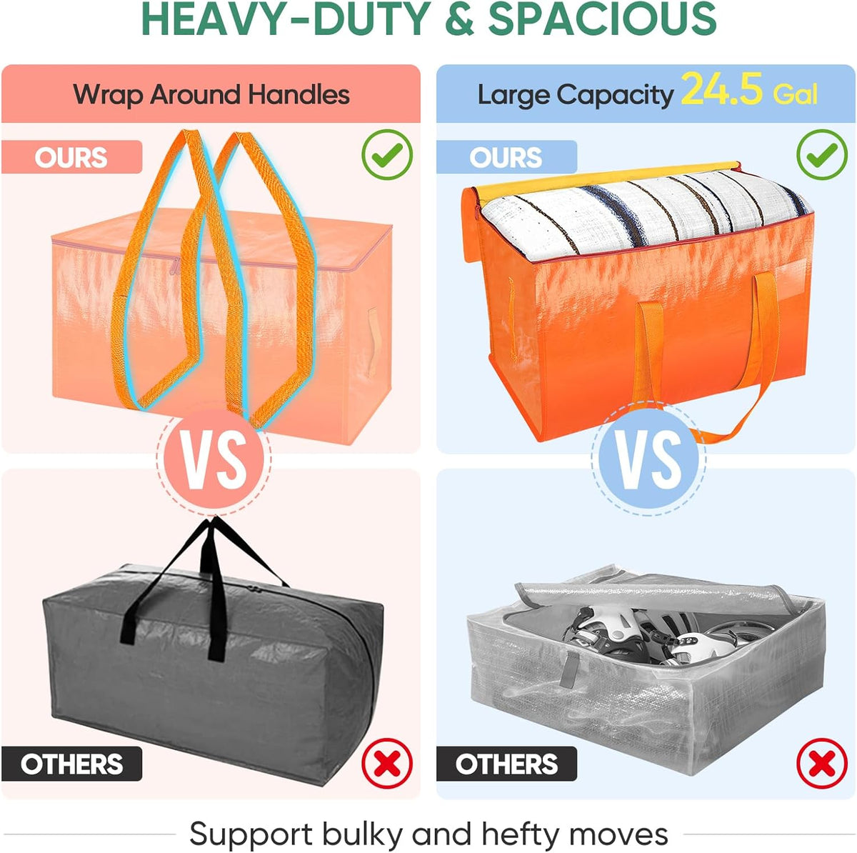BALEINE 8-Pack Oversized Moving Bags - Heavy-Duty Storage Totes with Reinforced Handles | Orange