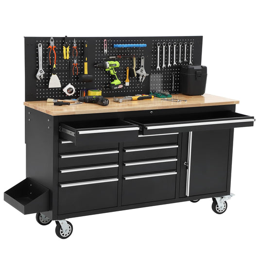 PeakPursuit 61" Rolling Tool Chest with 10 Drawers, Workbench Cabinet with Power Strip, Solid Rubber Wood Top, Pegboard, 1675 LBS Load, Mobile Heavy Duty Garage Storage, Locking Wheels, Black