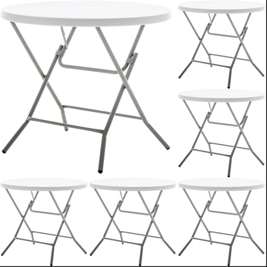 BTEXPERT Set of 5, White 2.63 Foot Round Plastic Folding 30" Height Commercial Portable for Banquet Card Plastic Coffee Dining Wedding Party Event Home Kitchen Indoor Outdoor Thick Top Metal Frame