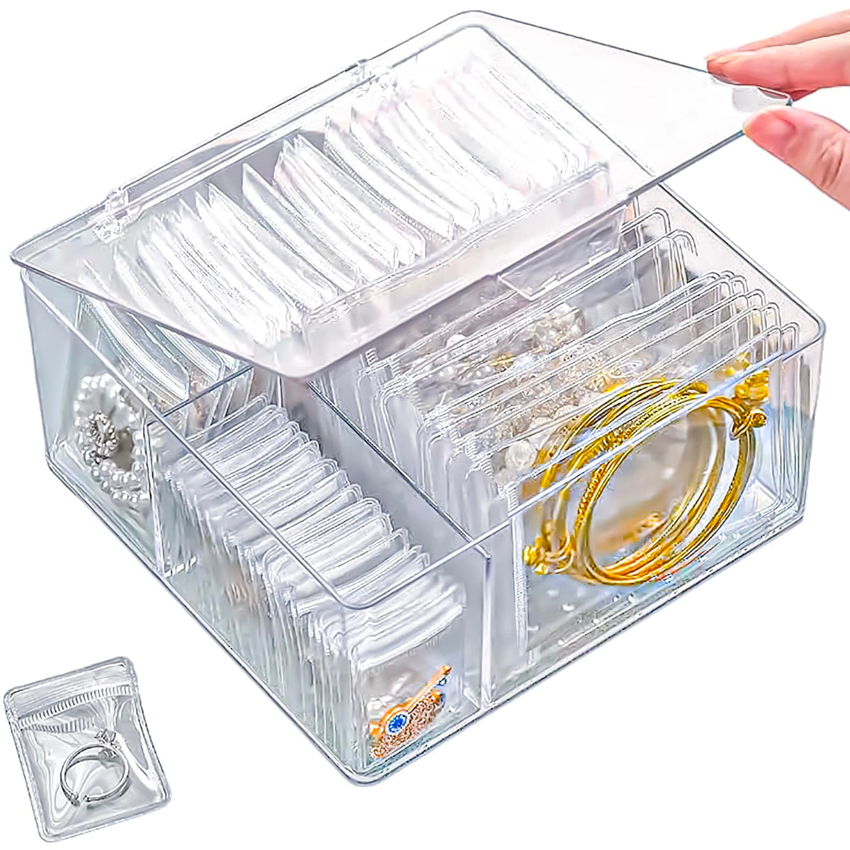 4 In 1 Acrylic Jewelry Organizers and Storage with 60 Portable Anti Tarnish Jewelry Bags, Clear Jewelry Box Organizer, Travel Jewelry Case for Earrings/Rings/Necklaces for Women Girls