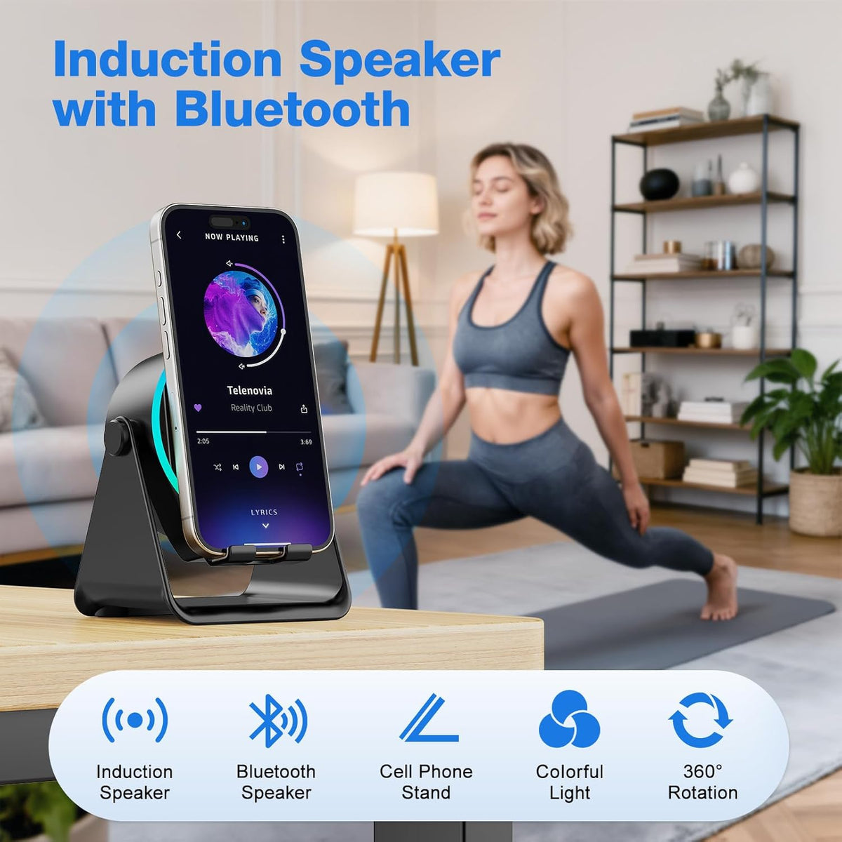 TARKARI 5 1 360 Wireless Induction Speaker, in Bluetooth Speaker, Rotation Cell Phone Stand and Colorful Ambient Light