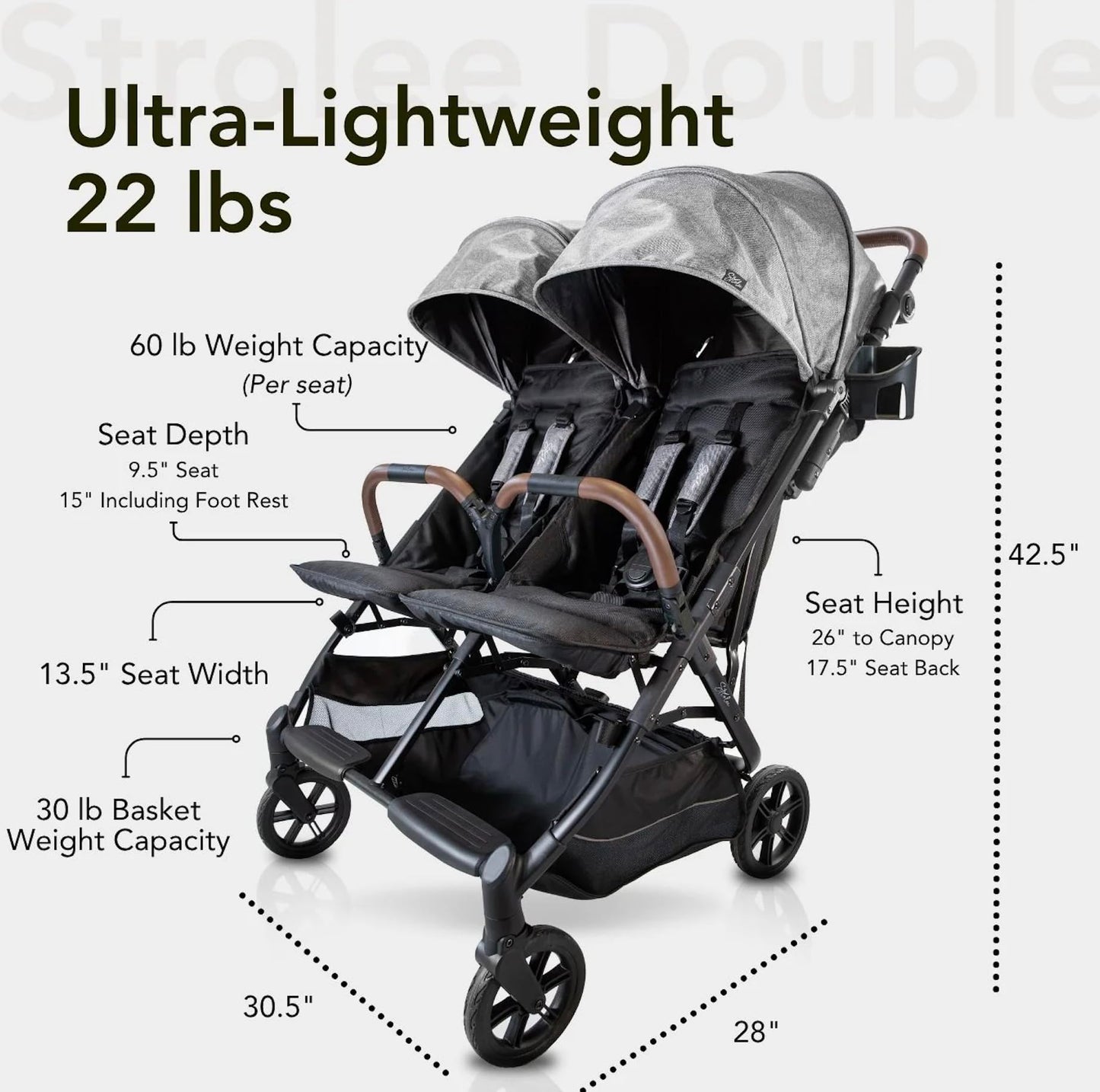 Strolee Lightweight Double Side by Side Stroller - 22 Lbs, 9.5" Compact Fold, Twin Nap Ready Seating, No Rethread Harness, Magnetic Buckle & Ultra Plush Seat 60Lb Max Per Seat- (v2 Shadow)