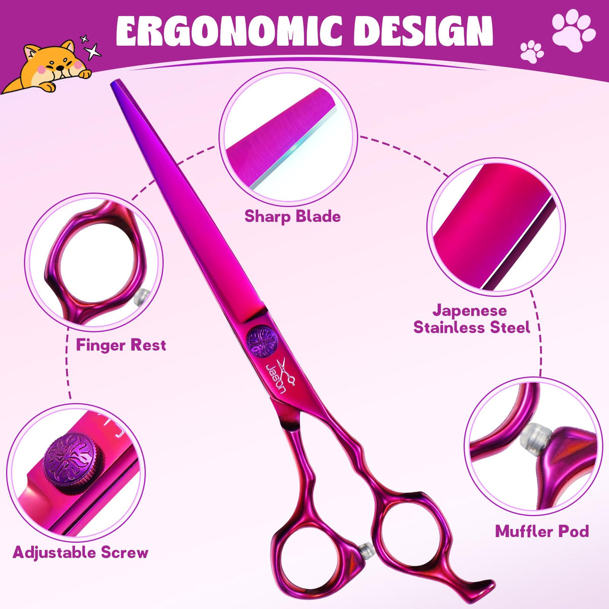 JASON Purple 6 in 1 Dog Grooming Scissors Set - Professional Thinner Set - 7" Thinning, Straight, Up-Curved, Down-Curved Scissors and Comb for Dog Cat Pet with Adjustable Screw
