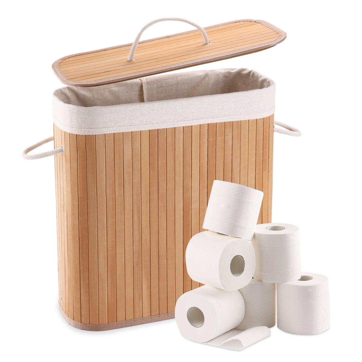 WAOHANAZ Bamboo Toilet Paper Storage with Lid & Handel, 8 Gallons (30L), Sturdy Toilet Paper Basket, Organizer for Bathroom, Kitchen, Holder with Storage, Natural