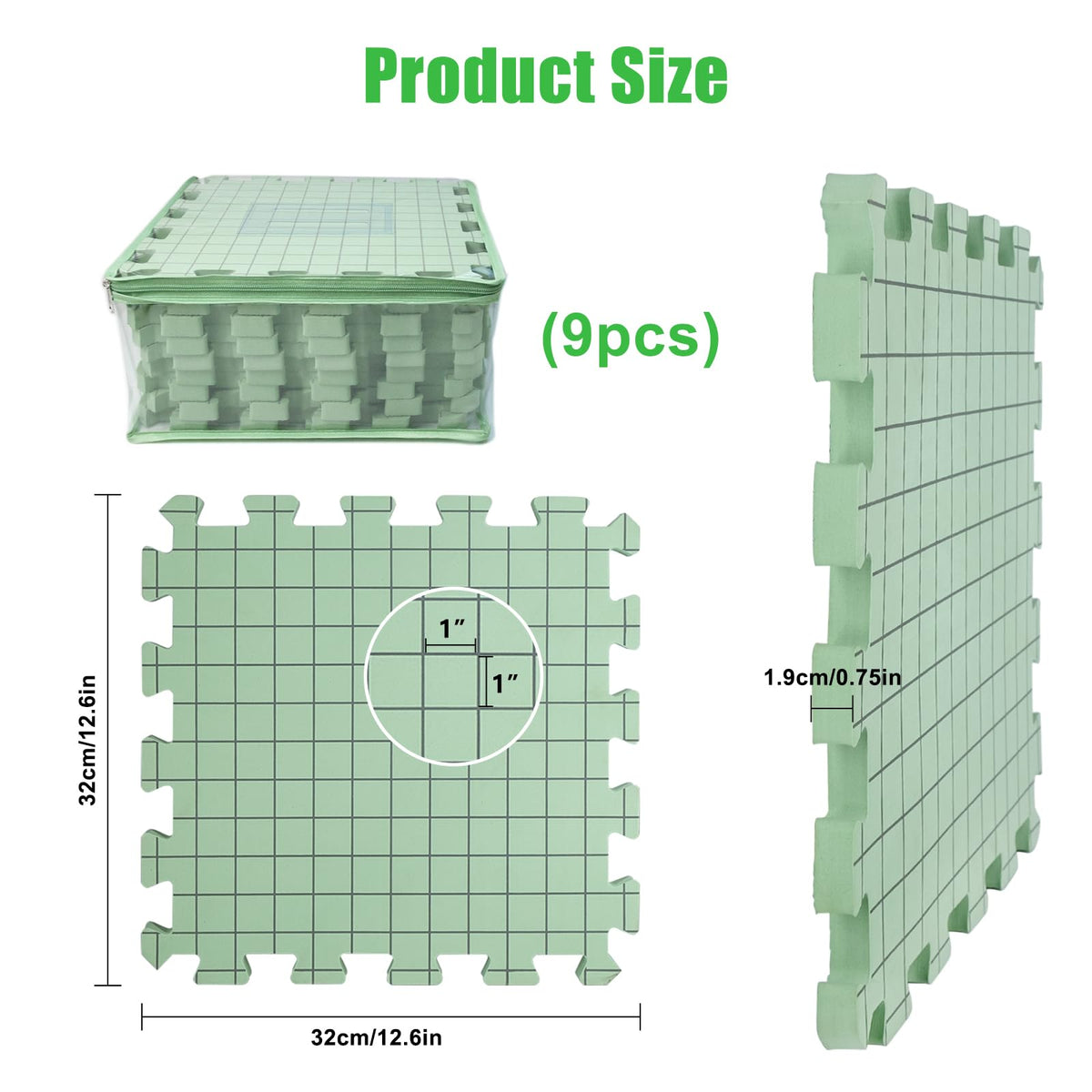 9 PCS Knitting Mats, 0.75in Thick Blocking Board for Crocheting, 12 in Standard Mats for Wet and Steam Blocking (Green)