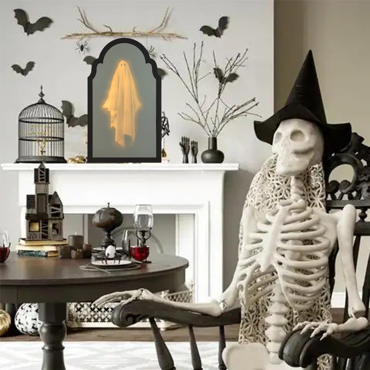 QIPECO Halloween Hologram Ghost Mirror with Creepy Eyes Night Light,Halloween Ghostmirror Spooky Halloween Haunted House Decor,Black Wood Frame (L)