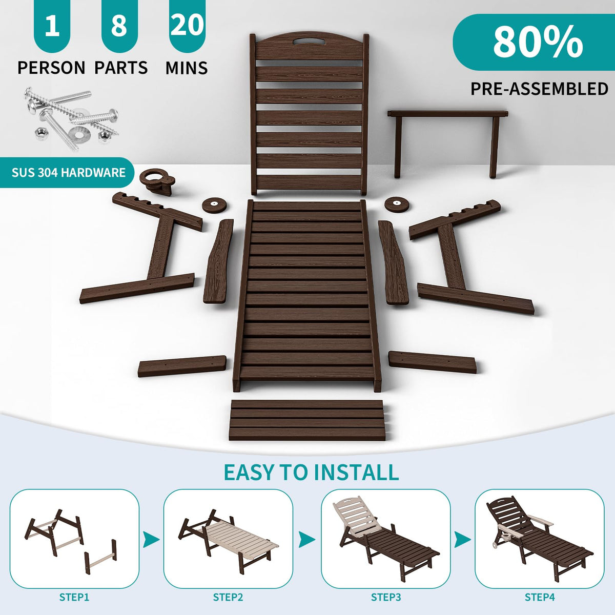 Plawdlik Oversized Patio Chaise Lounge Set of 2, 5 Positions Adjustable HDPE Outdoor Lounge Chair with Rolling Wheels & Cup Holder,All-Weather for Poolside, Beach, Garden - Coffee