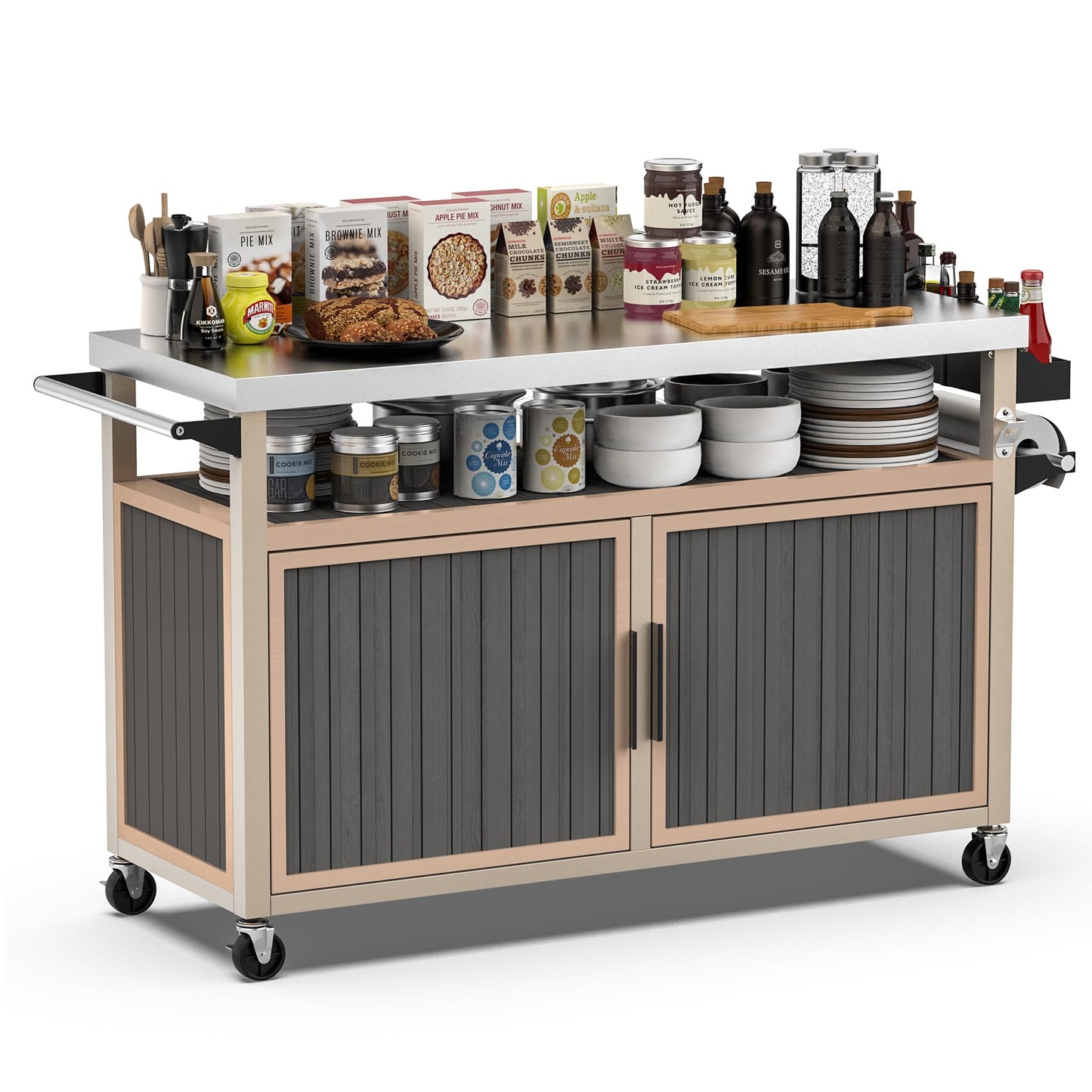 Skyflame Outdoor BBQ Storage Cabinet with Wheels, XL Stainless Steel Tabletop Grill Cart for Food Prep, Portable Kitchen Island Grilling Accessory for Patio, Backyard, Home Party, Bar