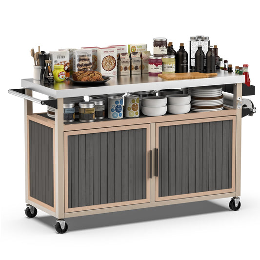 Skyflame Outdoor BBQ Storage Cabinet with Wheels, XL Stainless Steel Tabletop Grill Cart for Food Prep, Portable Kitchen Island Grilling Accessory for Patio, Backyard, Home Party, Bar