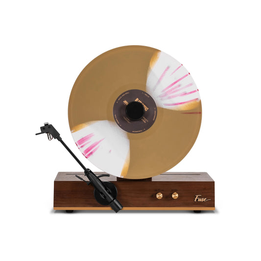 Fuse GLD Standalone Vertical Vinyl Record Player | Gold Trim | 5.3 Bluetooth | Premium Cartridge | Built-in 50W Amp | Vintage Mid Century Modern | Handcrafted Ashtree Wood
