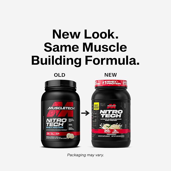 Muscletech Whey Protein Powder (Vanilla Cream, 2.2 Pound) - Nitro-Tech Ultimate Muscle Building Formula with Whey Protein Isolate - 30g of Protein, 3g of Creatine & 6.8g of BCAA - Packaging May Vary